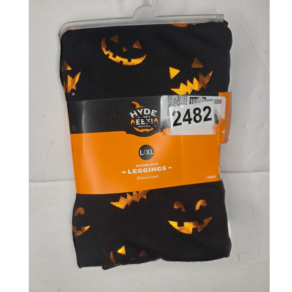 Hyde and EEK Halloween Leggings Black Orange Foil Pumpkin L/XL Fleece Lined